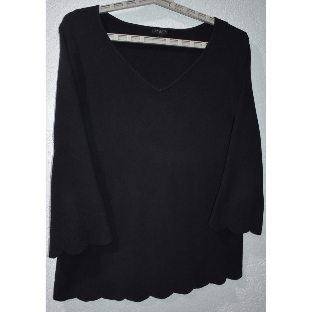 Talbots X Sweater Scallop Trim Solid Stretch VNeck Ribbed Elegant Black Pullover - Picture 5 of 16